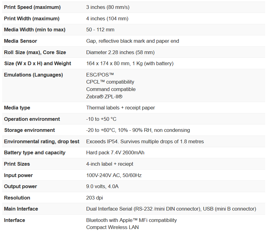 CMP 40L Spec - Citizen Systems CMP-40L Mobile Printer CMP-40LWFUZL